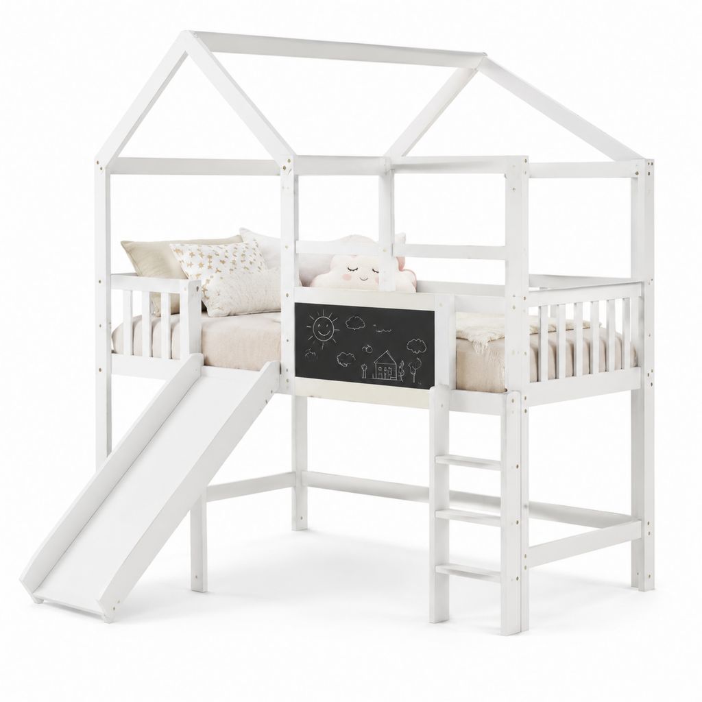 Letto a soppalco per bambini a casetta con scivolo bianco in pino massello 90 x 200 cm