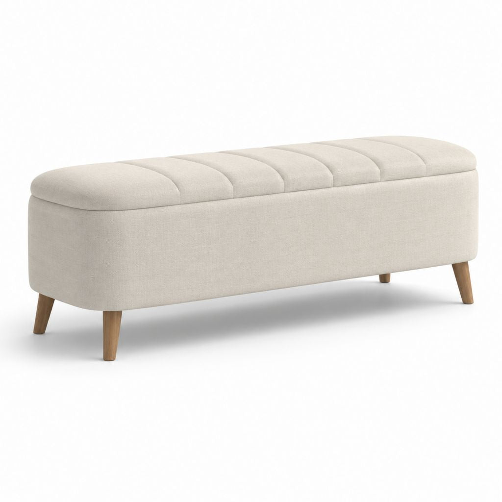 Panca fondoletto contenitore beige in poliestere con gambe in legno massello di hevea rettangolare 120 x 45 x 45 cm