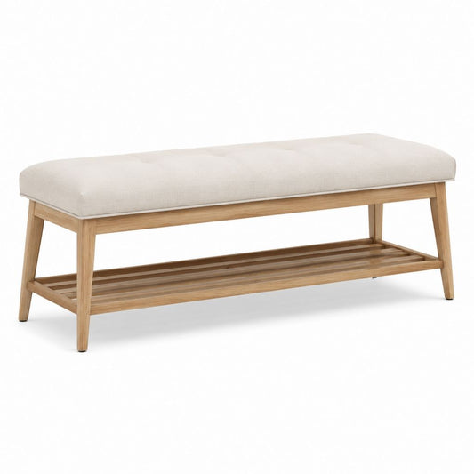 Panca fondoletto con ripiano in rovere massello e cuscino beige 120 x 40 x 48 cm