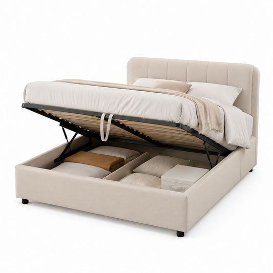 Letto contenitore matrimoniale beige in poliestere rettangolare 160 x 200 cm