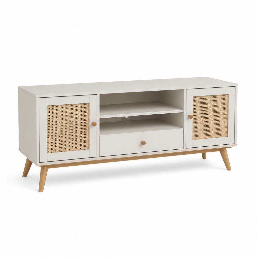 Mobile porta TV bianco in MDF e rattan rettangolare con 2 ante 1 cassetto 120 x 40 x 65 cm
