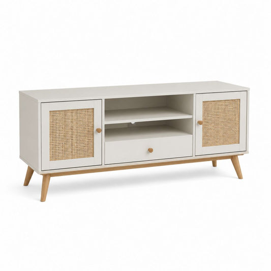 Mobile porta TV bianco in MDF e rattan rettangolare con 2 ante 1 cassetto 120 x 40 x 65 cm