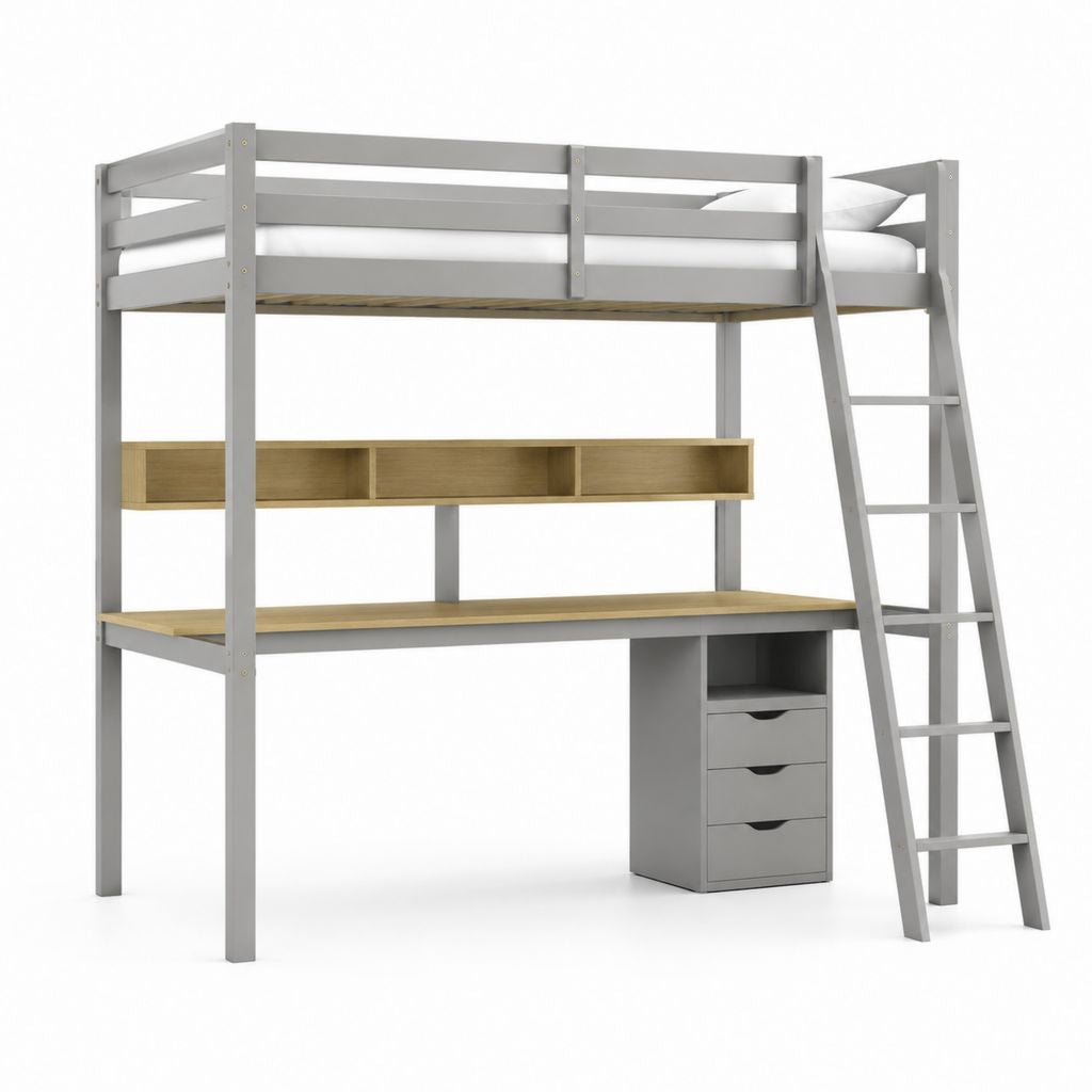 Letto a soppalco per bambini grigio e naturale in pino massello 207 x 105 x 180 cm con scrivania scala ripiani e cassettiera