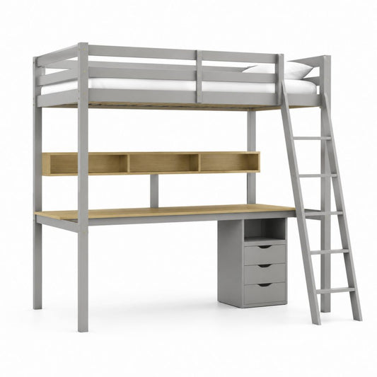 Letto a soppalco per bambini grigio e naturale in pino massello 207 x 105 x 180 cm con scrivania scala ripiani e cassettiera