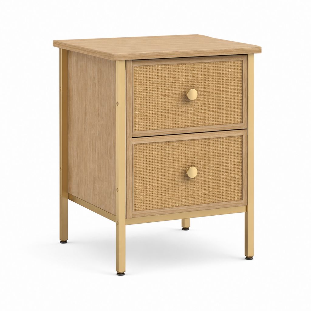 Comodino a 2 cassetti color rovere e oro in MDF impiallacciato rovere con rattan 45 x 35 x 60 cm