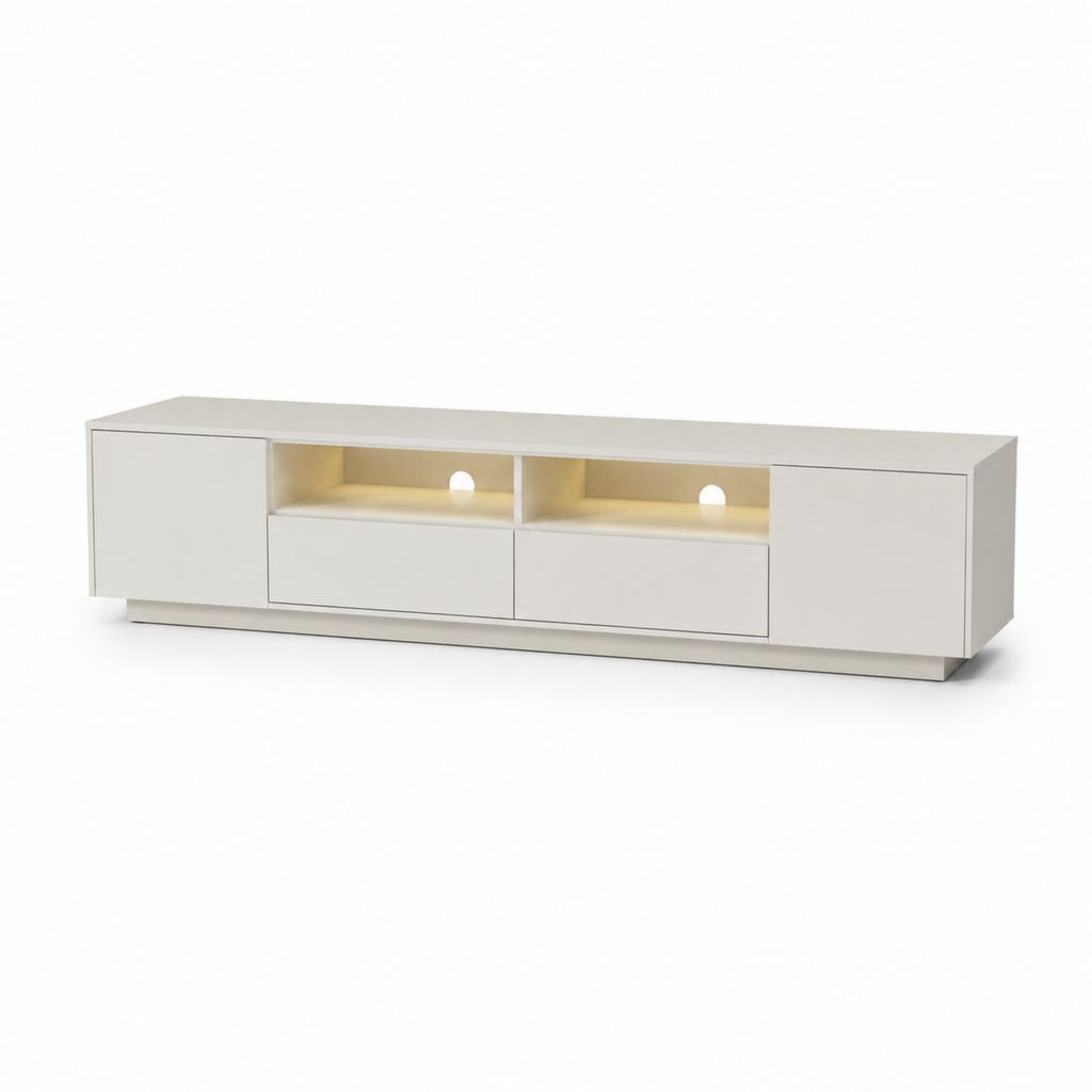Mobile TV basso bianco in MDF laccato con 2 ante 2 cassetti e vani a giorno 200 x 40 x 50 cm