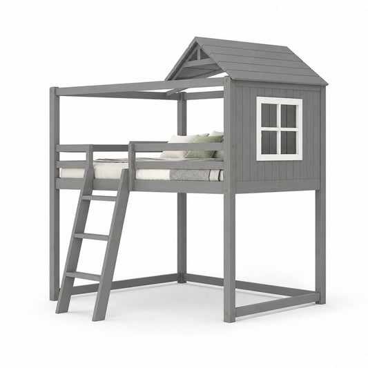 Letto a soppalco per bambini grigio in pino massello con tetto 208 x 106 x 200 cm
