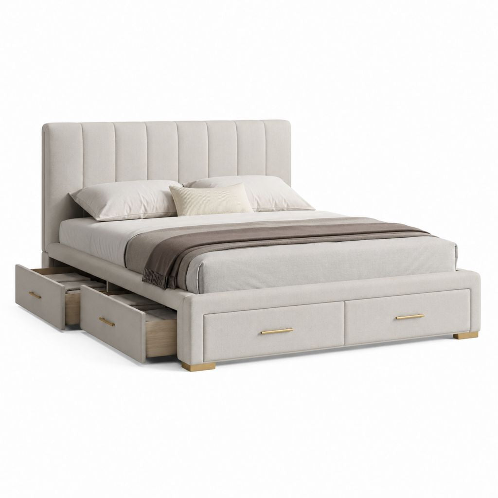 Letto contenitore matrimoniale beige in poliestere con 4 cassetti 160 x 200 cm
