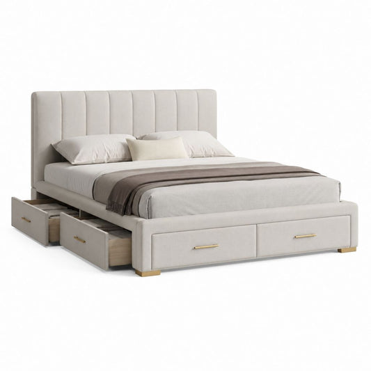 Letto contenitore matrimoniale beige in poliestere con 4 cassetti 160 x 200 cm