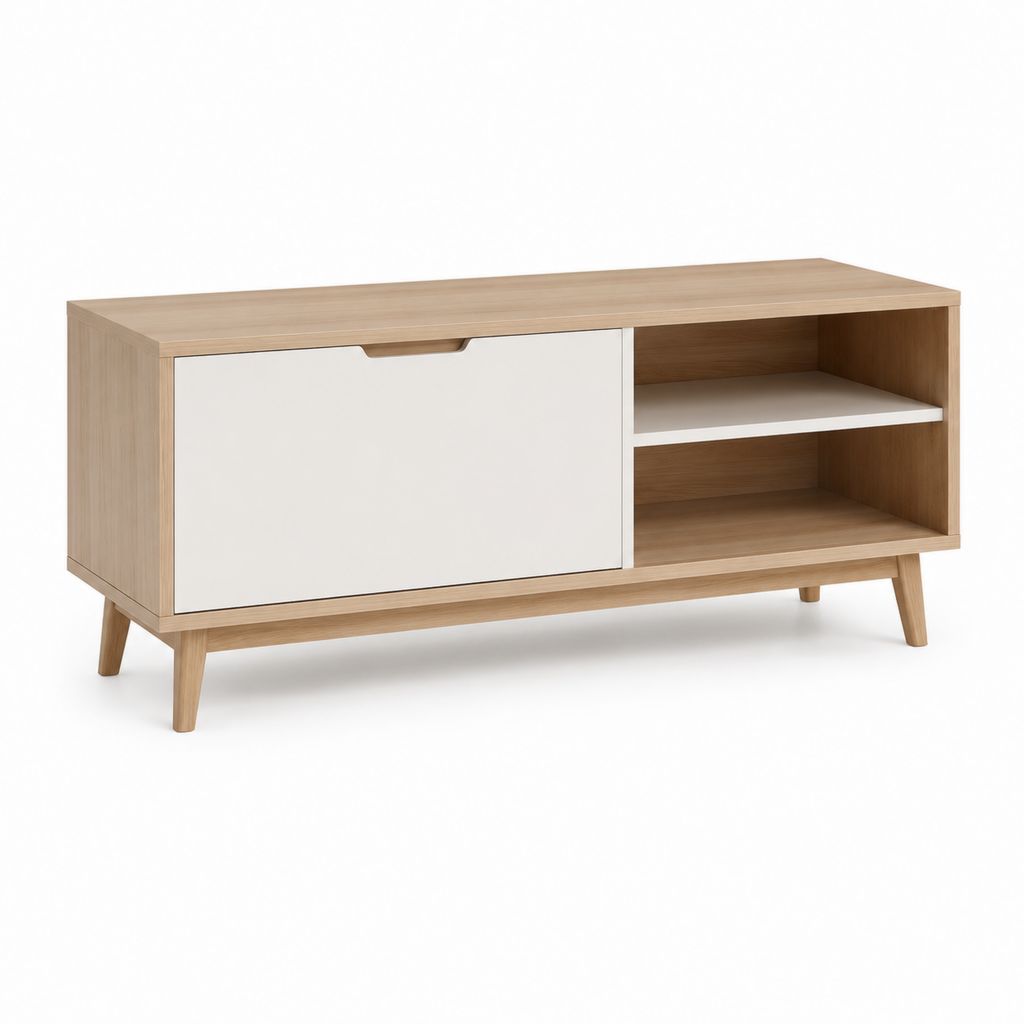 Mobile TV con anta scorrevole bianco e rovere in pannelli truciolari 120 x 40 x 60 cm