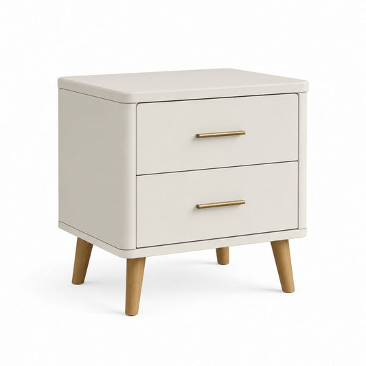 Comodino 2 cassetti bianco in MDF con gambe in legno massello 50 x 40 x 55 cm