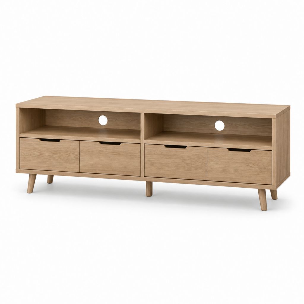 Mobile porta TV rovere chiaro in pannello truciolare 180 x 40 x 55 cm con 4 cassetti e passacavi