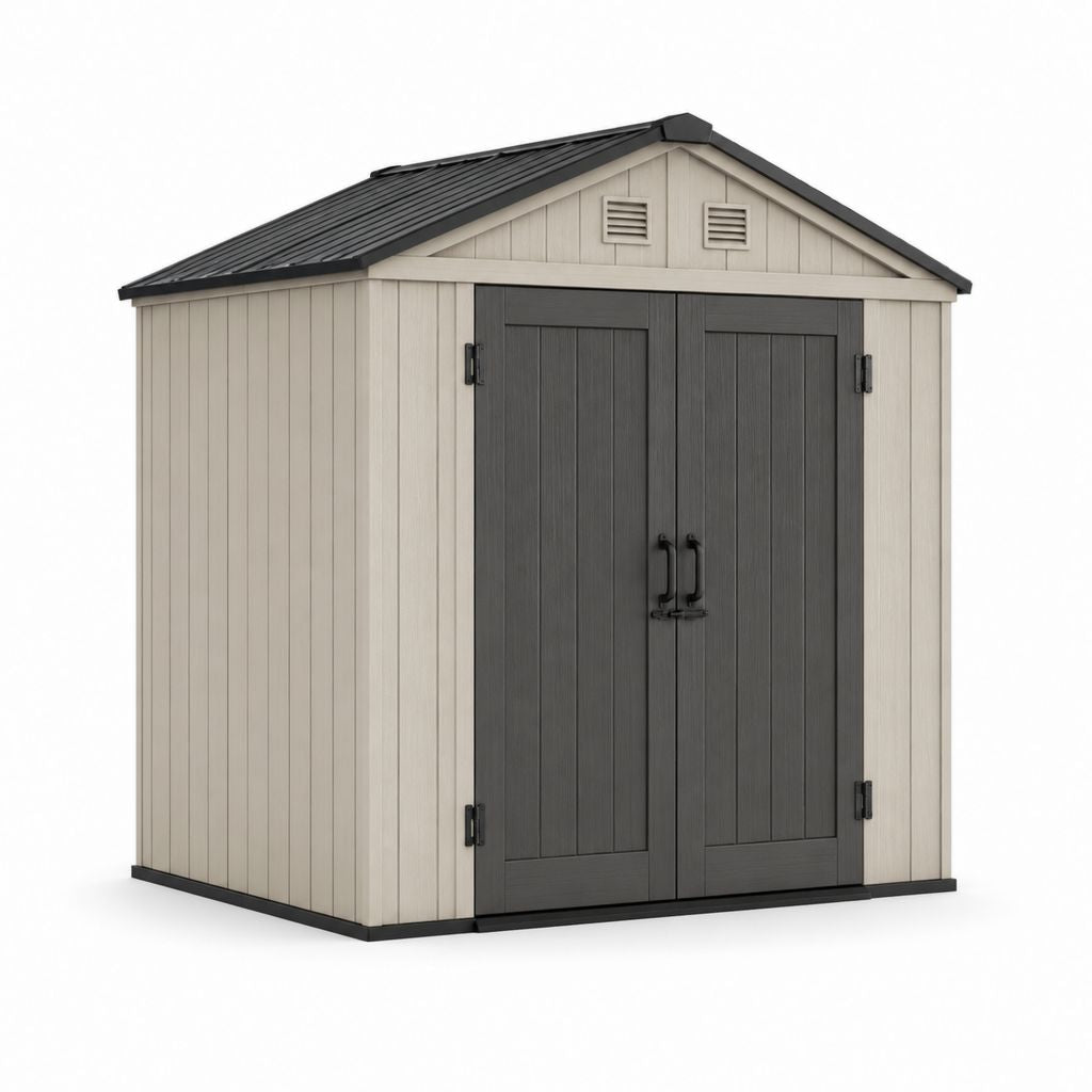 Casetta da giardino in polipropilene beige e antracite 183 x 111 x 200 cm con doppia porta e tetto a due falde