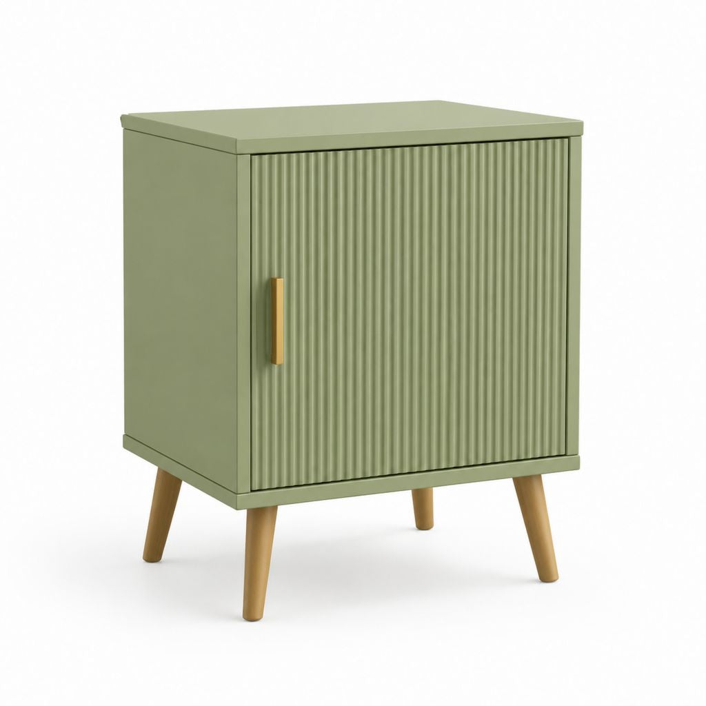 Comodino con anta verde salvia in pannello MDF e gambe in legno massello 40 x 35 x 60 cm