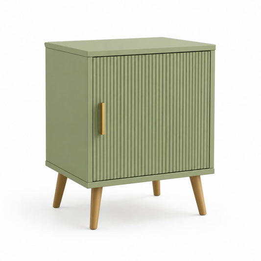 Comodino con anta verde salvia in pannello MDF e gambe in legno massello 40 x 35 x 60 cm