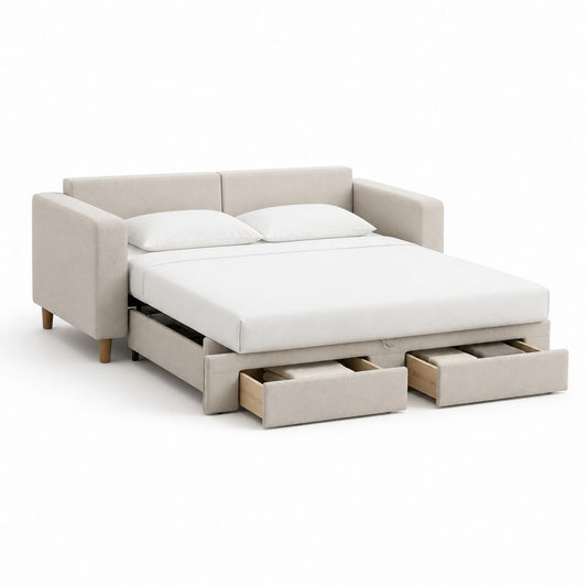 Divano letto matrimoniale beige in poliestere con cassetti 220 x 95 x 85 cm superficie letto 200 x 160 cm