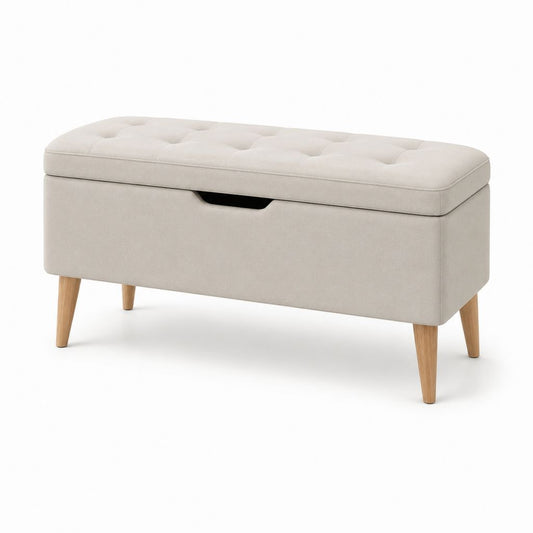 Panca contenitore imbottita beige in poliestere con gambe in legno massello 100 x 40 x 45 cm