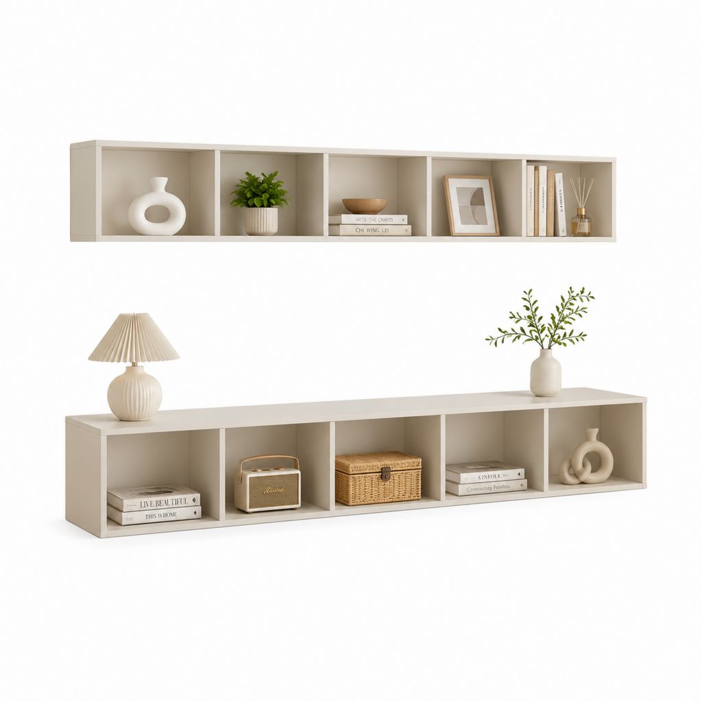 Set mobile TV sospeso e basso beige in pannelli di particelle 180 x 30 x 35 cm
