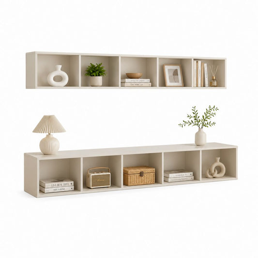 Set mobile TV sospeso e basso beige in pannelli di particelle 180 x 30 x 35 cm