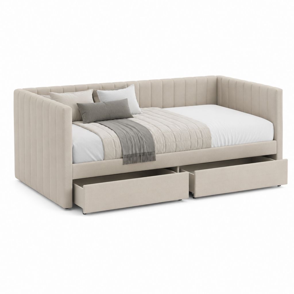 Divano letto singolo beige in poliestere con 2 cassetti 90 x 200 cm