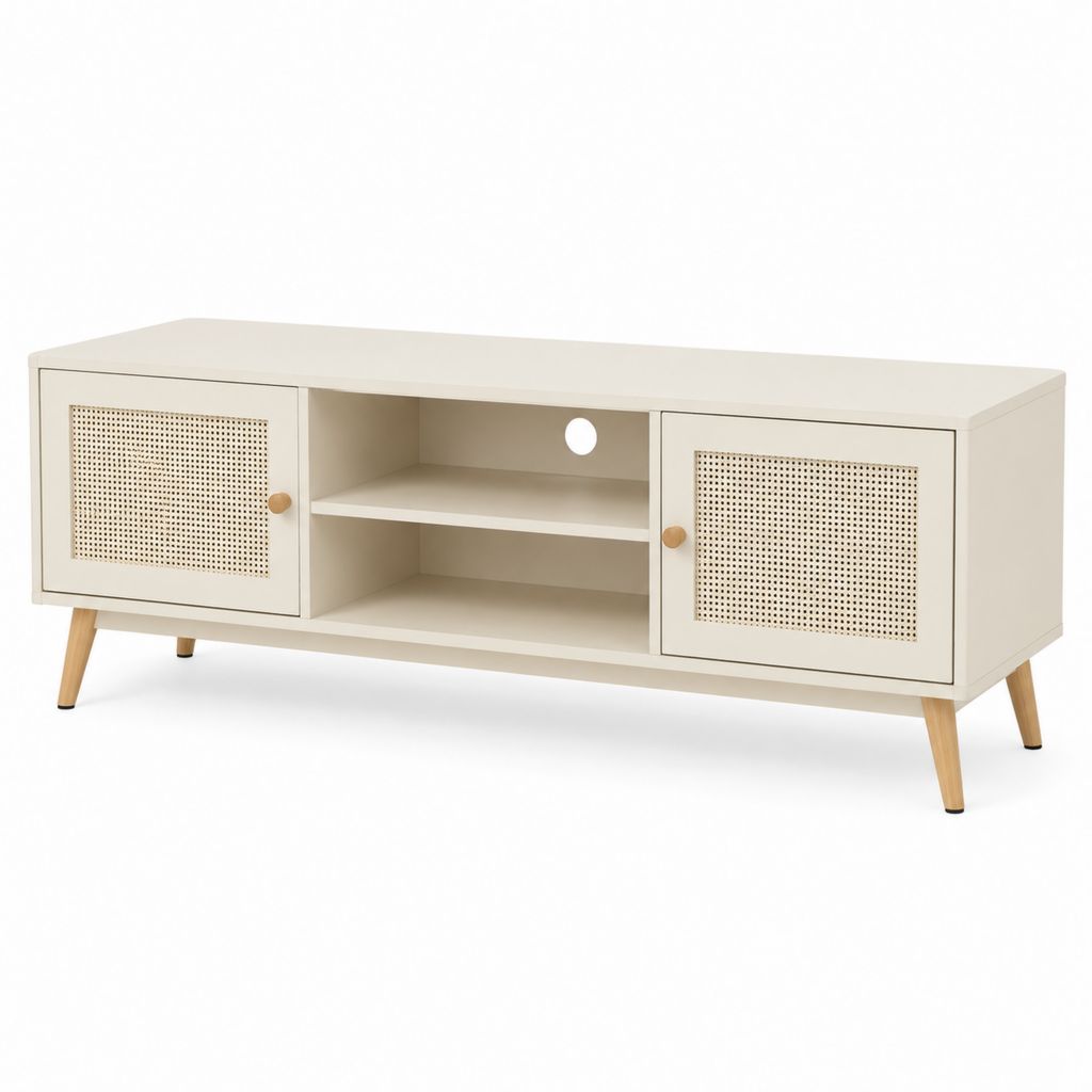 Mobile porta TV rettangolare crema in MDF e rattan con 2 ante 140 x 40 x 60 cm