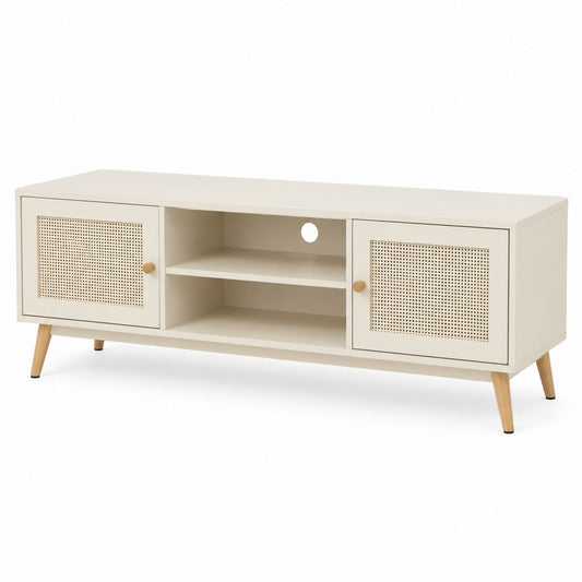 Mobile porta TV rettangolare crema in MDF e rattan con 2 ante 140 x 40 x 60 cm