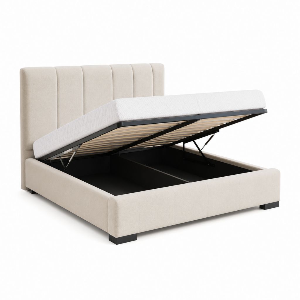 Letto contenitore matrimoniale beige in poliestere con testiera imbottita 160 x 200 cm