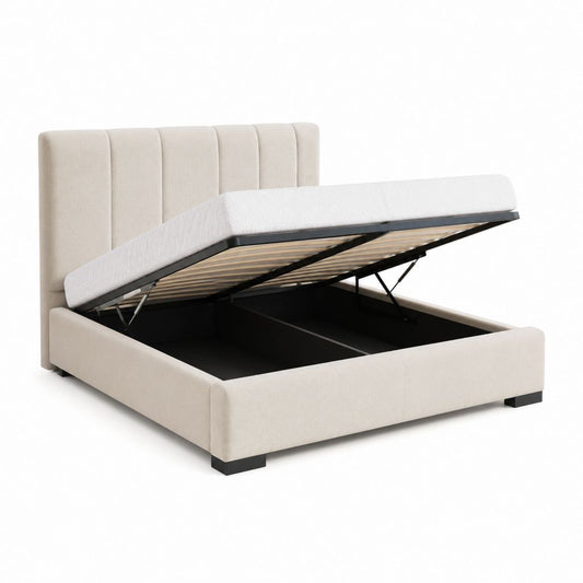 Letto contenitore matrimoniale beige in poliestere con testiera imbottita 160 x 200 cm