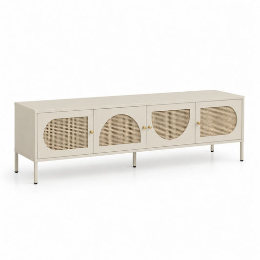 Mobile TV rettangolare beige in MDF e rattan naturale con 4 ante 180 x 40 x 65 cm